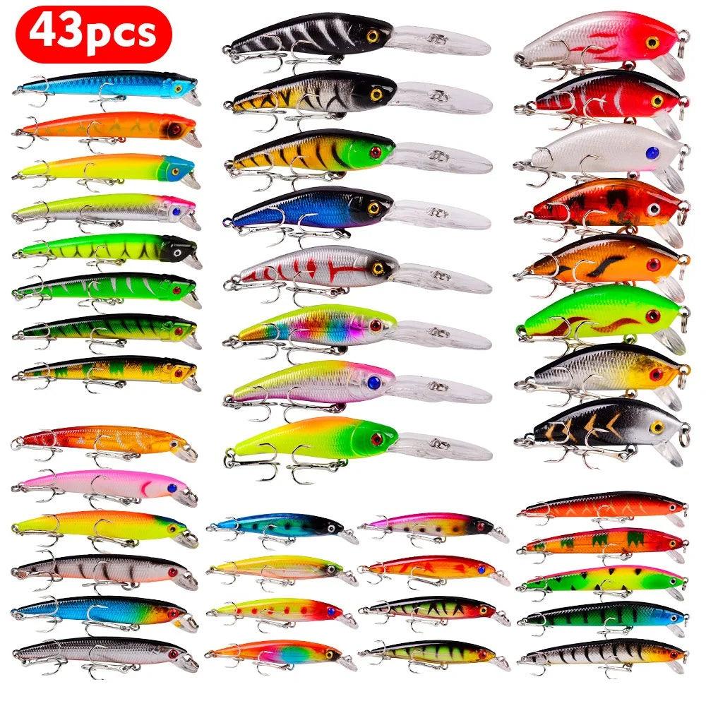 Conjunto Sortido de Iscas para Pesca - Mini Minnow Flutuante, Crankbait, Wobblers Artificiais e Iscas Biónicas em Várias Cores