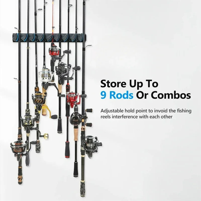 Suporte de Pesca Vertical para Parede - Suporte para Varas que acomoda até 9 varas ou conjuntos.