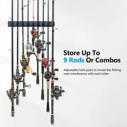 Suporte de Pesca Vertical para Parede - Suporte para Varas que acomoda até 9 varas ou conjuntos.