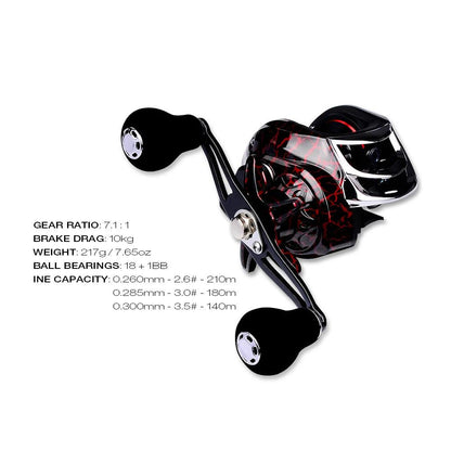 Carretilha de Pesca - 18+1BB, 10kg Max Drag, 7.2:1 Alta Velocidade