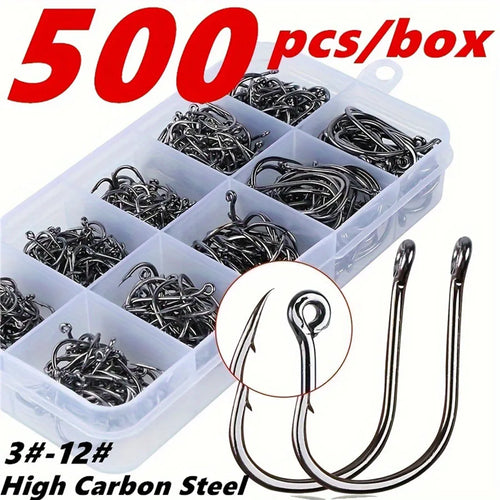 Caixa com 500 Anzóis de Pesca Nº 3 a 12 - Aço Carbono Resistente e Durável