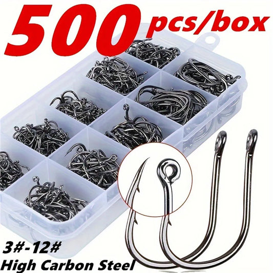 Caixa com 500 Anzóis de Pesca Nº 3 a 12 - Aço Carbono Resistente e Durável