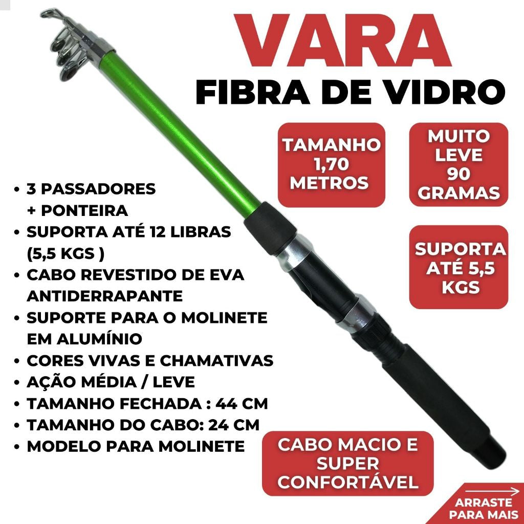 Kit De Pesca Completo 1 Vara Telescópica 12 Lbs + 1 Molinete Com Linha - Acessórios Iscas, Anzóis, Chumbadas