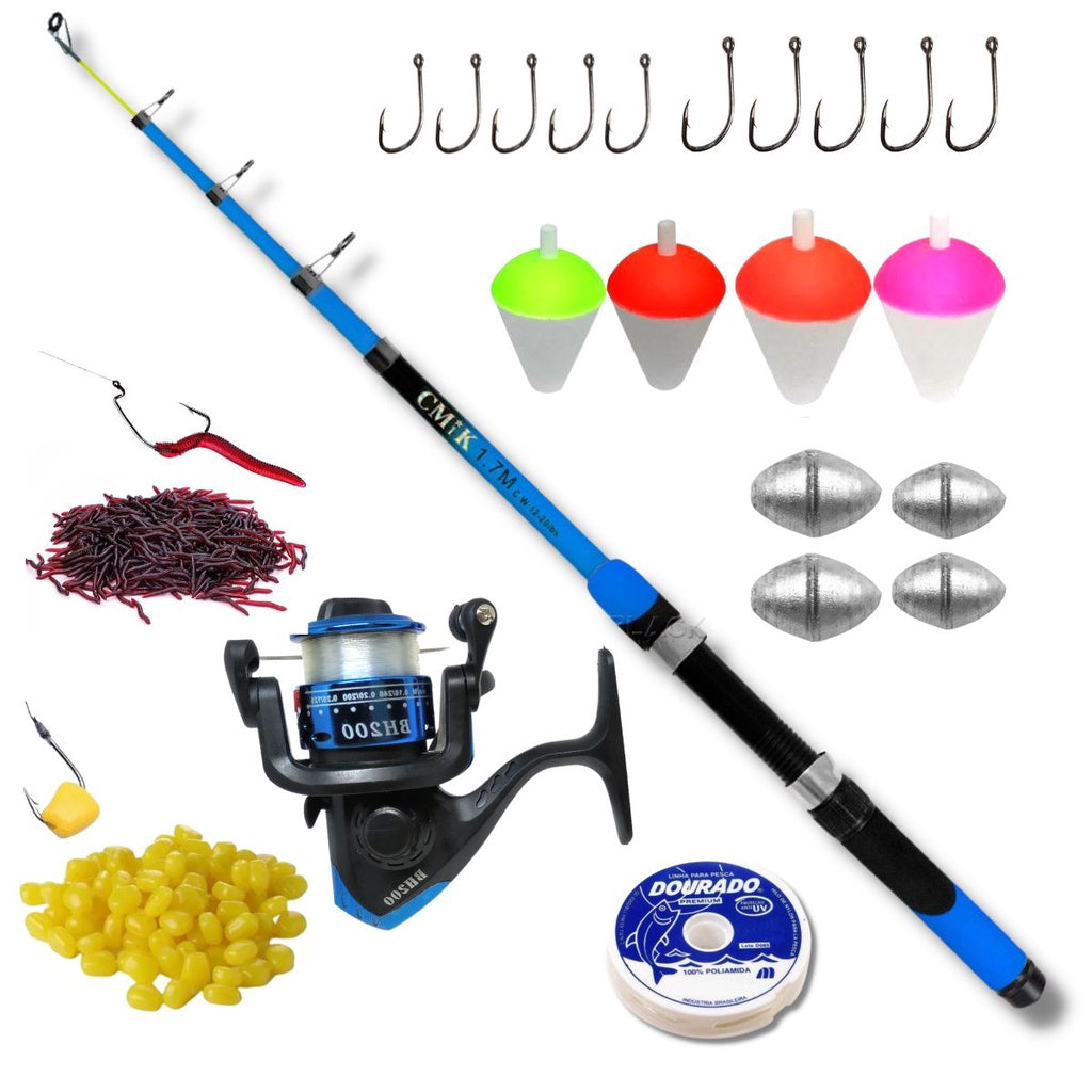 Kit De Pesca Completo 1 Vara Telescópica 12 Lbs + 1 Molinete Com Linha - Acessórios Iscas, Anzóis, Chumbadas